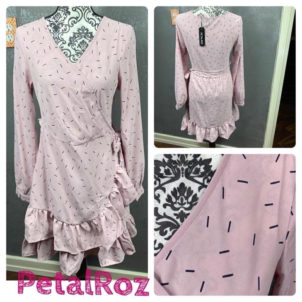 Pink sprinkle faux wrap long sleeve ruffle dress with tie. pastel v-neck. Sz S
